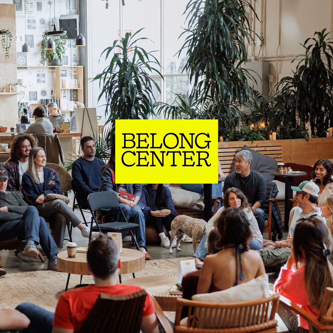 Belong Center image of people gathering and talking.